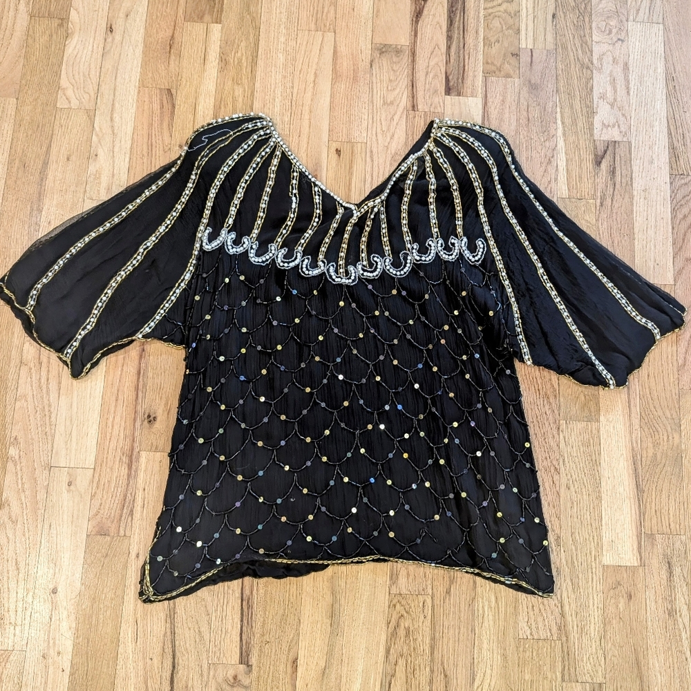 Sequins Queen 100% Pure Silk VTG Beaded Shimmer Black Blouse Top Womens Large
